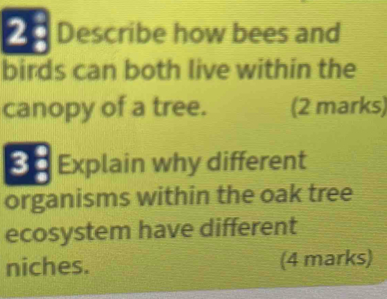 Describe how bees and 
birds can both live within the 
canopy of a tree. (2 marks) 
3 Explain why different 
organisms within the oak tree 
ecosystem have different 
niches. (4 marks)