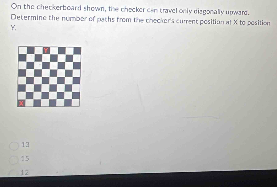 On the checkerboard shown, the checker can travel only diagonally upward.
Determine the number of paths from the checker's current position at X to position
Y.
13
15
12