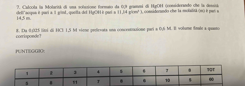 Calcola la Molarità di una soluzione formato da 0,9 grammi di HgOH (considerando che la densità 
dell’acqua è pari a 1 g/ml, quella del HgOHè pari a 11,14g/cm^3) ), considerando che la molalità (m) è pari a
14,5 m. 
8. Da 0,025 litri di HCl 1,5 M viene prelevata una concentrazione pari a 0,6 M. Il volume finale a quanto 
corrisponde? 
PUNTEGGIO: