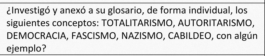 ¿Investigó y anexó a su glosario, de forma individual, los 
siguientes conceptos: TOTALITARISMO, AUTORITARISMO, 
DEMOCRACIA, FASCISMO, NAZISMO, CABILDEO, con algún 
ejemplo?