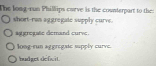 The long-run Phillips curve is the counterpart to the:
short-run aggregate supply curve.
aggregate demand curve.
long-run aggregate supply curve.
budget deficit.