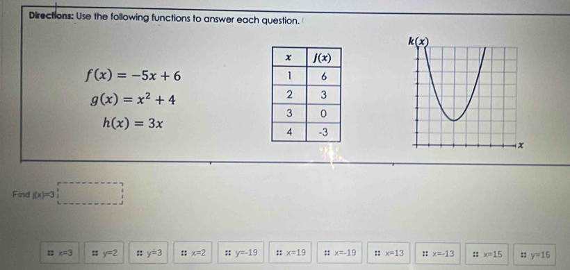 Directions: Use the following functions to answer each question.
f(x)=-5x+6
g(x)=x^2+4
h(x)=3x
Find f(x)=3□
:: x=3 :: y=2 :: y=3 :: x=2 :: y=-19 :: x=19 :: x=-19 :: x=13 :: x=-13 :: x=15 :; y=16