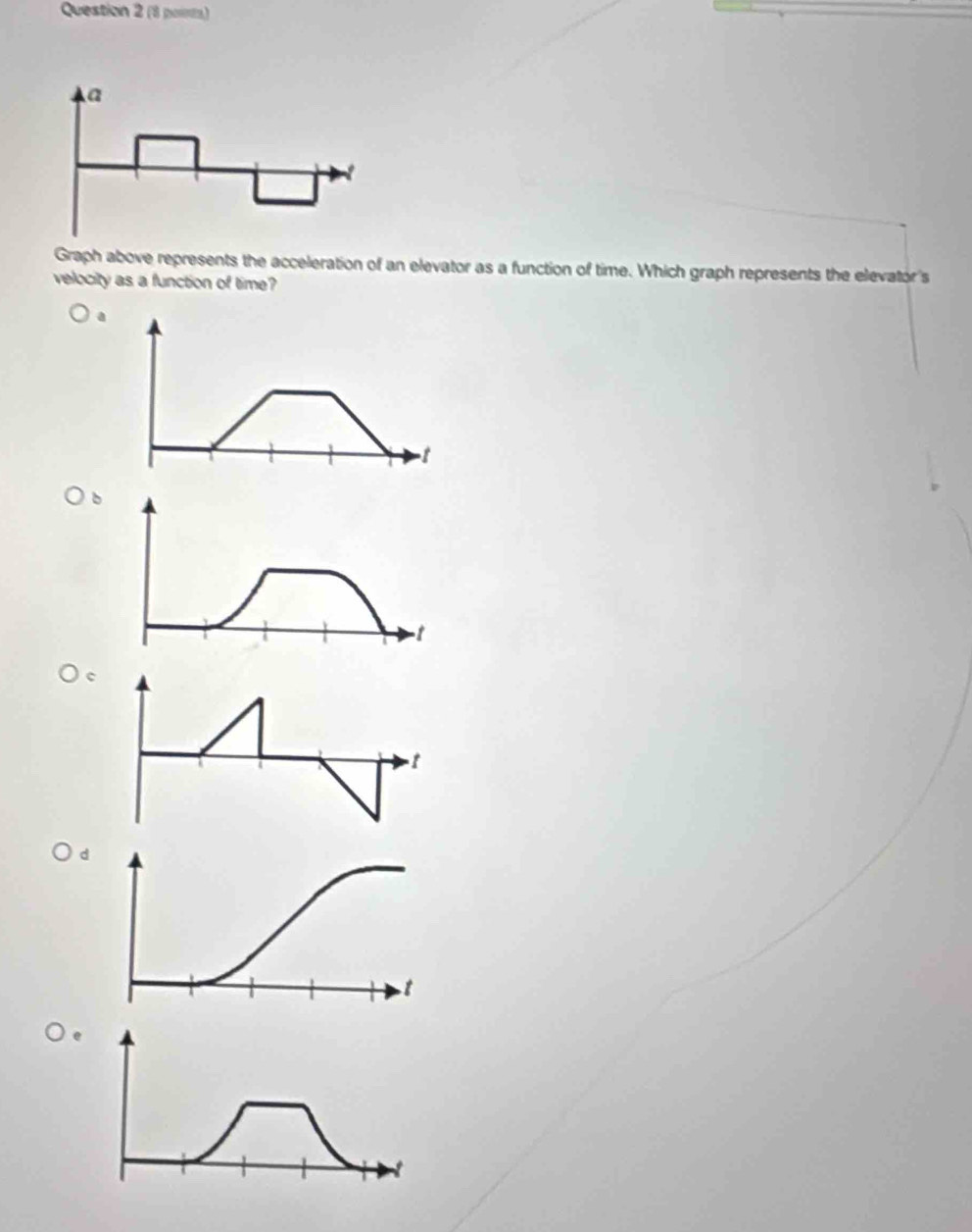 a
Graph above represents the acceleration of an elevator as a function of time. Which graph represents the elevator's
velocity as a function of time?
a
t
t
d