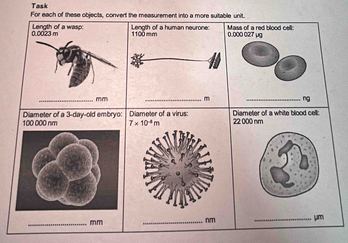 Task
For each of these objects, convert the measurement into a more suitable unit.
Mass of a red blood cell:
.000 027 µg
_ng
Diameter of a 3-day-old embryo:Diameter of a white blood cell:
100 000 nm 22 000 nm
_mm
_nm
_μm