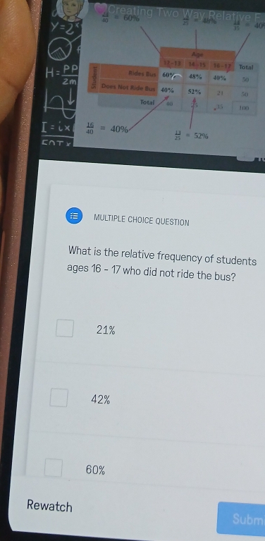 beginarrayr ∠ 1 40endarray =60%
y'= two  4/25 = 118°  14/35 =40°
H= PP/2m 
I=Lx  16/40 =40%  13/25 =52%
MULTIPLE CHOICE QUESTION
What is the relative frequency of students
ages 16 - 17 who did not ride the bus?
21%
42%
60%
Rewatch Subm