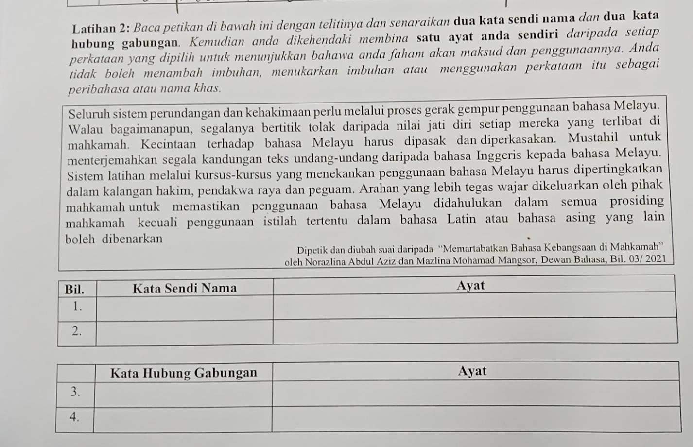 Latihan 2: Baca petikan di bawah ini dengan telitinya dan senaraikan dua kata sendi nama dan dua kata 
hubung gabungan. Kemudian anda dikehendaki membina satu ayat anda sendiri daripada setiap 
perkataan yang dipilih untuk menunjukkan bahawa anda faham akan maksud dan penggunaannya. Anda 
tidak boleh menambah imbuhan, menukarkan imbuhan atau menggunakan perkataan itu sebagai 
peribahasa atau nama khas. 
Seluruh sistem perundangan dan kehakimaan perlu melalui proses gerak gempur penggunaan bahasa Melayu. 
Walau bagaimanapun, segalanya bertitik tolak daripada nilai jati diri setiap mereka yang terlibat di 
mahkamah. Kecintaan terhadap bahasa Melayu harus dipasak dan diperkasakan. Mustahil untuk 
menterjemahkan segala kandungan teks undang-undang daripada bahasa Inggeris kepada bahasa Melayu. 
Sistem latihan melalui kursus-kursus yang menekankan penggunaan bahasa Melayu harus dipertingkatkan 
dalam kalangan hakim, pendakwa raya dan peguam. Arahan yang lebih tegas wajar dikeluarkan oleh pihak 
mahkamah untuk memastikan penggunaan bahasa Melayu didahulukan dalam semua prosiding 
mahkamah kecuali penggunaan istilah tertentu dalam bahasa Latin atau bahasa asing yang lain 
boleh dibenarkan 
Dipetik dan diubah suai daripada “Memartabatkan Bahasa Kebangsaan di Mahkamah” 
oleh Norazlina Abdul Aziz dan Mazlina Mohamad Mangsor, Dewan Bahasa, Bil. 03/ 2021