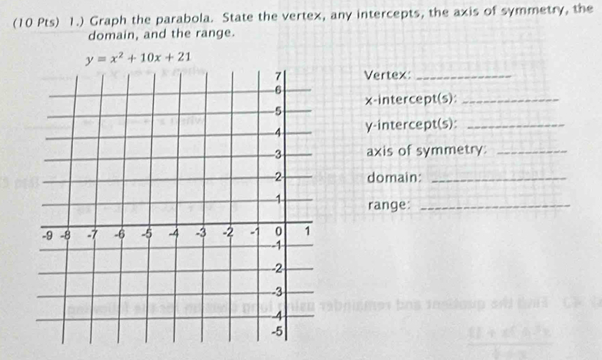 1.) Graph the parabola. State the vertex, any intercepts, the axis of symmetry, the 
domain, and the range.
y=x^2+10x+21
Vertex:_ 
x-intercept(s):_
γ -intercept(s):_ 
axis of symmetry:_ 
domain:_ 
range:_