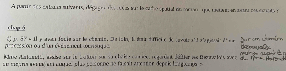 A partir des extraits suivants, dégagez des idées sur le cadre spatial du roman : que mettent en avant ces extraits ? 
chap 6 
1) p. 87 « Il y avait foule sur le chemin. De loin, il était difficile de savoir s’il s'agissait d'une 
procession ou d'un événement touristique. 
Mme Antonetti, assise sur le trottoir sur sa chaise cannée, regardait défiler les Beauvalois avec 
un mépris aveuglant auquel plus personne ne faisait attention depuis longtemps. »