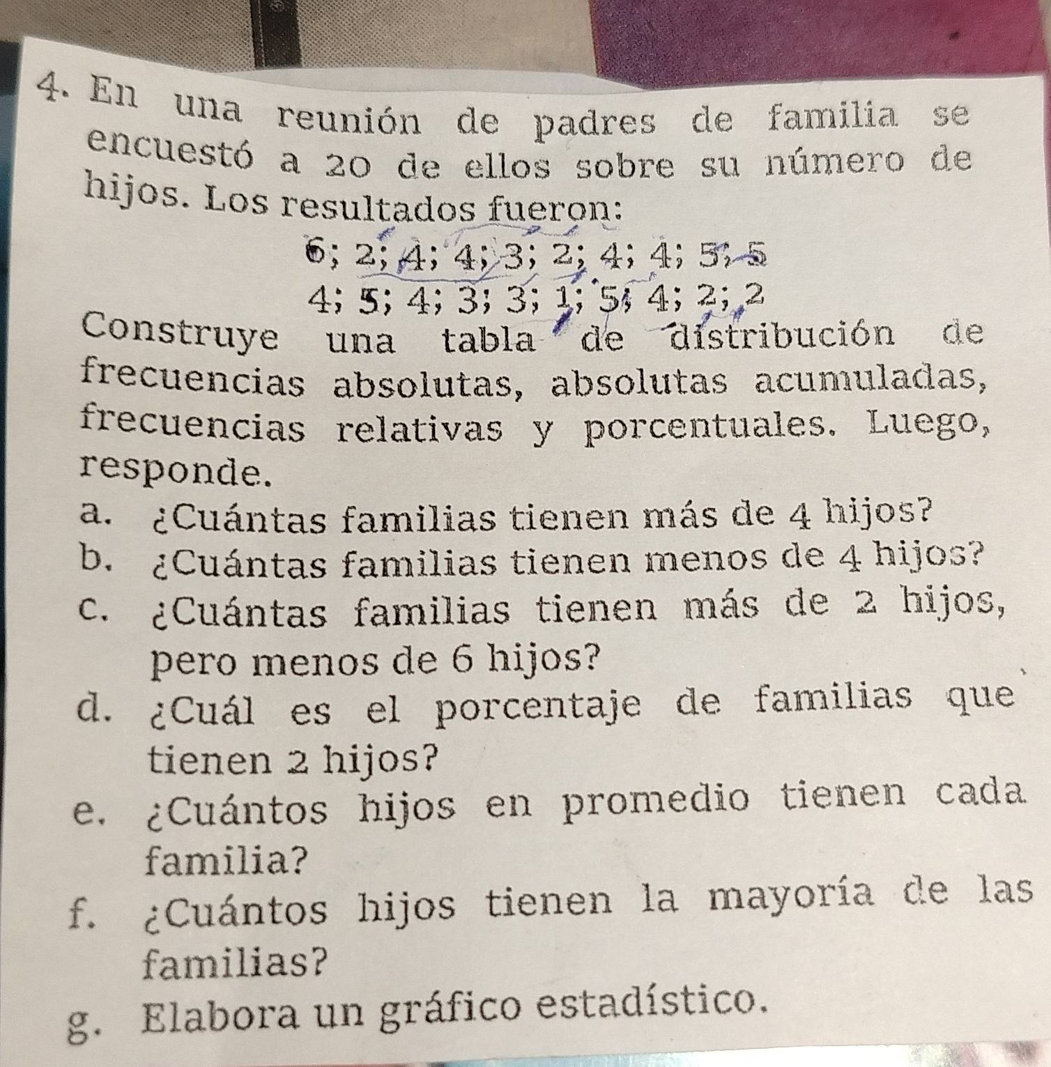 En una reunión de padres de familia se 
encuestó a 20 de ellos sobre su número de 
hijos. Los resultados fueron:
6; 2; 4; 4; 3; 2; 4 ； 4 ； 5 ； 5
4; 5; 4; 3; 3; 1; 5 ； 4; 2; 2
Construye una tabla de distribución de 
frecuencías absolutas, absolutas acumuladas, 
frecuencias relativas y porcentuales. Luego, 
responde. 
a. ¿Cuántas familias tienen más de 4 hijos? 
b. ¿Cuántas familias tienen menos de 4 hijos? 
c. ¿Cuántas familias tienen más de 2 hijos, 
pero menos de 6 hijos? 
d. ¿Cuál es el porcentaje de familias que 
tienen 2 hijos? 
e. ¿Cuántos hijos en promedio tienen cada 
familia? 
f. ¿Cuántos hijos tienen la mayoría de las 
familias? 
g. Elabora un gráfico estadístico.