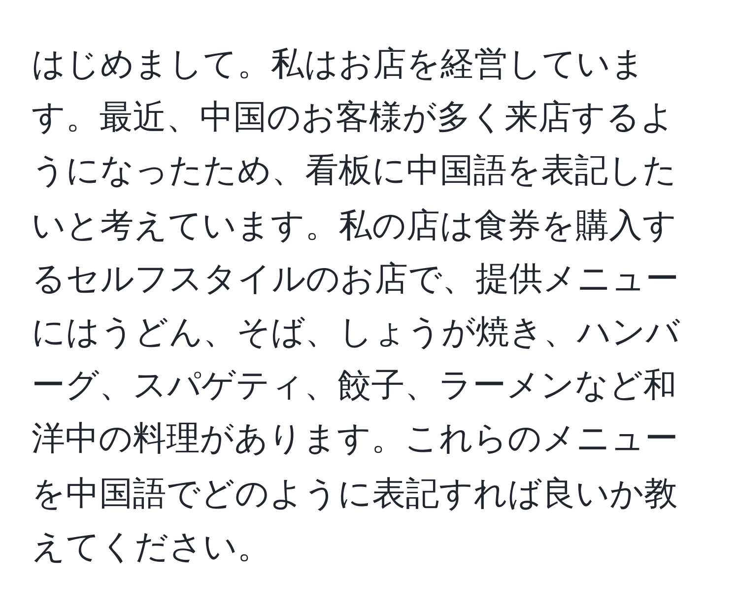 はじめまして。私はお店を経営しています。最近、中国のお客様が多く来店するようになったため、看板に中国語を表記したいと考えています。私の店は食券を購入するセルフスタイルのお店で、提供メニューにはうどん、そば、しょうが焼き、ハンバーグ、スパゲティ、餃子、ラーメンなど和洋中の料理があります。これらのメニューを中国語でどのように表記すれば良いか教えてください。