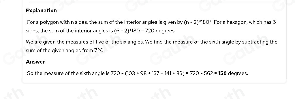 Solved: Five interior angles of a hexagon measure 103°, 98°, 137°, 141 ...