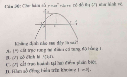 Cho hàm số y=ax^2+bx+c có đồ thị (P) như hình vẽ.
Khẳng định nào sau đây là sai?
A. (P) cất trục tung tại điểm có tung độ bằng 1.
B. (p) có đinh là I(3;4).
C. (P) cất trục hoành tại hai điểm phân biệt.
D. Hàm số đồng biến trên khoảng (-∈fty ,3).