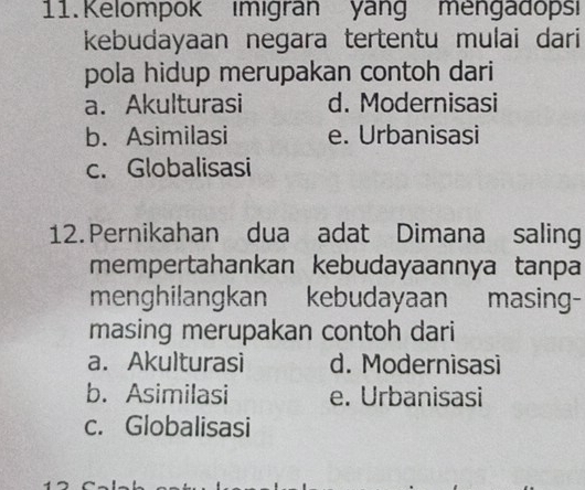 Kelompok ımıgran yang mengädopsi
kebudayaan negara tertentu mulai dari
pola hidup merupakan contoh dari
a. Akulturasi d. Modernisasi
b. Asimilasi e. Urbanisasi
c. Globalisasi
12.Pernikahan dua adat Dimana saling
mempertahankan kebudayaannya tanpa
menghilangkan kebudayaan masing-
masing merupakan contoh dari
a. Akulturasi d. Modernisasi
b. Asimilasi e. Urbanisasi
c. Globalisasi