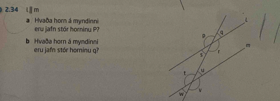 2.34 l|| m
a Hvaða horn á myndinni 
eru jafn stór horninu P? 
b Hvaða horn á myndinni 
eru jafn stór horninu q?