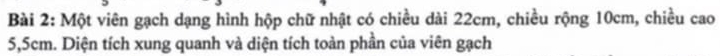 Một viên gạch dạng hình hộp chữ nhật có chiều dài 22cm, chiều rộng 10cm, chiều cao
5, 5cm. Diện tích xung quanh và diện tích toàn phần của viên gạch