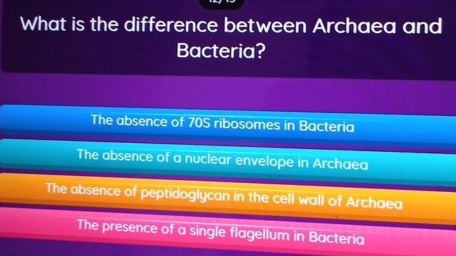 What is the difference between Archaea and
Bacteria?
The absence of 70S ribosomes in Bacteria
The absence of a nuclear envelope in Archaea
The absence of peptidoglycan in the cell wall of Archaea
The presence of a single flagellum in Bacteria