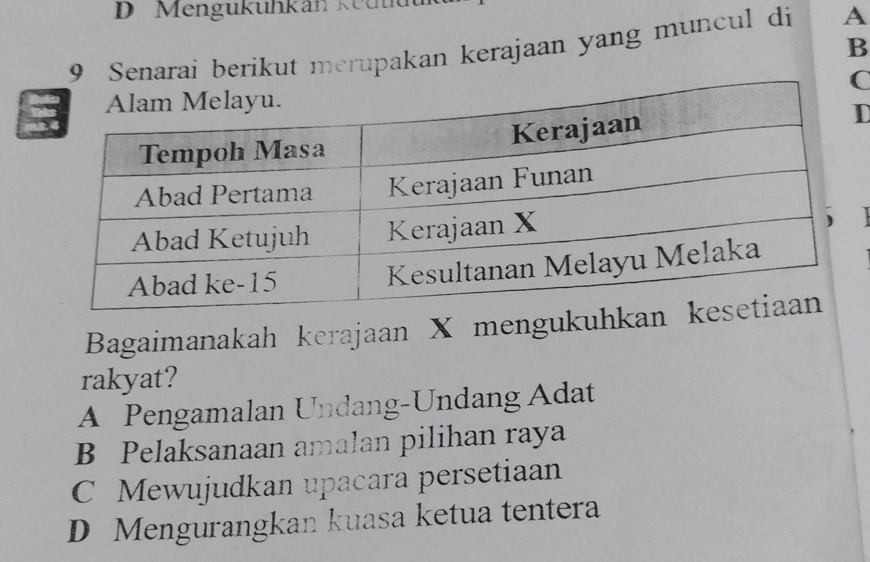 Mengukuhkan ke dud
B
9 Senarai berikut merupakan kerajaan yang muncul di A
C
D
Bagaimanakah kerajaan X menguk
rakyat?
A Pengamalan Undang-Undang Adat
B Pelaksanaan amalan pilihan raya
C Mewujudkan upacara persetiaan
D Mengurangkan kuasa ketua tentera