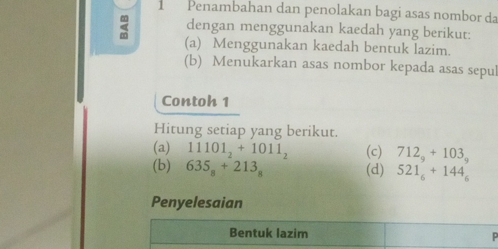 Penambahan dan penolakan bagi asas nombor da 
< 
dengan menggunakan kaedah yang berikut: 
(a) Menggunakan kaedah bentuk lazim. 
(b) Menukarkan asas nombor kepada asas sepul 
Contoh 1 
Hitung setiap yang berikut. 
(a)  11101_2+1011_2 (c) 712_9+103_9
(b) 635_8+213_8 (d) 521_6+144_6
Penyelesaian 
Bentuk lazim 
P