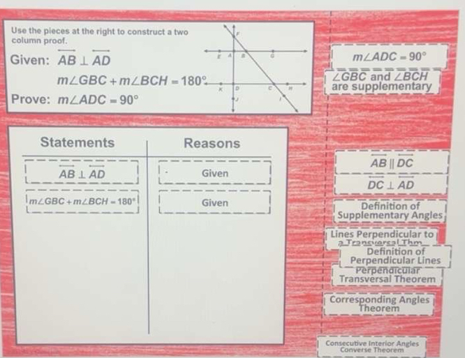 Use the pieces at the right to construct a two
column proof.
Given: overleftrightarrow AB⊥ overleftrightarrow AD
m∠ ADC=90°
m∠ GBC+m∠ BCH=180°.
∠ GBC and ∠ BCH
are supplementary
Prove: m∠ ADC=90°
Statements Reasons
overleftrightarrow ABparallel overleftrightarrow DC
overleftrightarrow AB⊥ overleftrightarrow AD Given
DC⊥ AD
m∠ GBC+m∠ BCH=180° Given Definition of
Supplementary Angles
Lines Perpendicular to
a Transversal Thm
Definition of
Perpendicular Lines
Perpendicular
Transversal Theorem
Corresponding Angles
Theorem
Consecutive Interior Angles
Converse Theorem