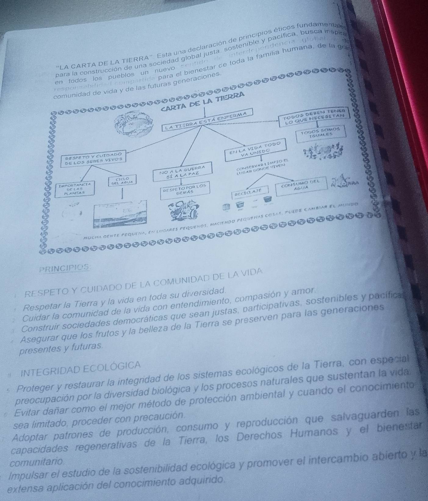 ia g l o n

* 'LA CARTA DE LA TIERRA''. Esta una declaración de principios éticos fundamentale
para la construcción de una sociedad global justa, sostenible y pacífica, busca inspira
a a ara el bien estar de t da la familia humana, de gr
en todos los pueblos un nuevo ''
comunidad de vida y de las futuras generaciones
responsabi lda t es
CARTA DE LA TIERRA
PRINCIPIOS
RESPETO Y CUIDADO DE LA COMUNIDAD DE LA VIDA
Respetar la Tierra y la vida en toda su diversidad.
Cuidar la comunidad de la vida con entendimiento, compasión y amor.
2 Construir sociedades democráticas que sean justas, participativas, sostenibles y pacífica
Asegurar que los frutos y la belleza de la Tierra se preserven para las generaciones
presentes y futuras.
INTEGRIDAD ECOLÓGICA
Proteger y restaurar la integridad de los sistemas ecológicos de la Tierra, con especial
preocupación por la diversidad biológica y los procesos naturales que sustentan la vidal
Evitar dañar como el mejor método de protección ambiental y cuando el conocimiento
sea limitado, proceder con precaución.
Adoptar patrones de producción, consumo y reproducción que salvaguarden las
capacidades regenerativas de la Tierra, los Derechos Humanos y el bienestar
comunitario
Impulsar el estudio de la sostenibilidad ecológica y promover el intercambio abierto y la
extensa aplicación del conocimiento adquirido.