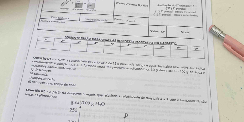 ubilidade de certo sal é de 15 g para cada 100 g de água. Assinale a alternativa que indica
agitarmos convenientemente:
corretamente a solução que será formada nessa temperatura se adicionarmos 30 g desse sal em 100 g de água e
a) insaturada.
b) saturada.
c) supersaturada.
d) saturada com corpo de chão.
feitas as afirmações:
Questão 02 - A partír do diagrama a seguir, que relaciona a solubilidade de dois sais A e B com a temperatura, são
g sal/100 g H_2O
250
B