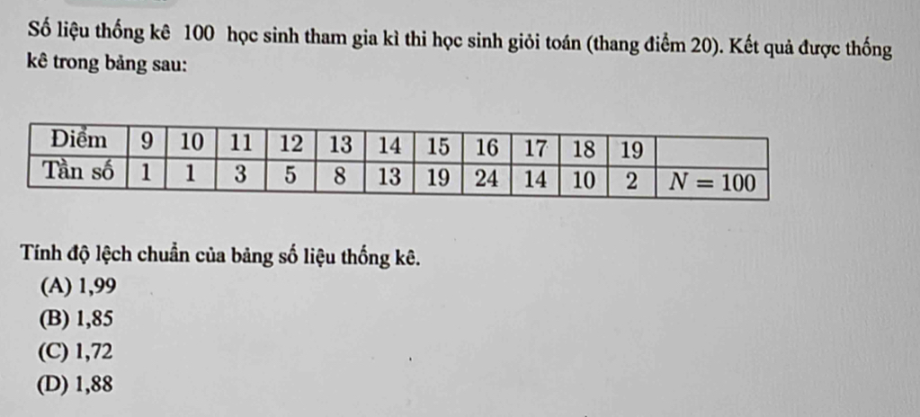 Số liệu thống kê 100 học sinh tham gia kì thi học sinh giỏi toán (thang điểm 20). Kết quả được thống
kê trong bảng sau:
Tính độ lệch chuẩn của bảng số liệu thống kê.
(A) 1,99
(B) 1,85
(C) 1,72
(D) 1,88