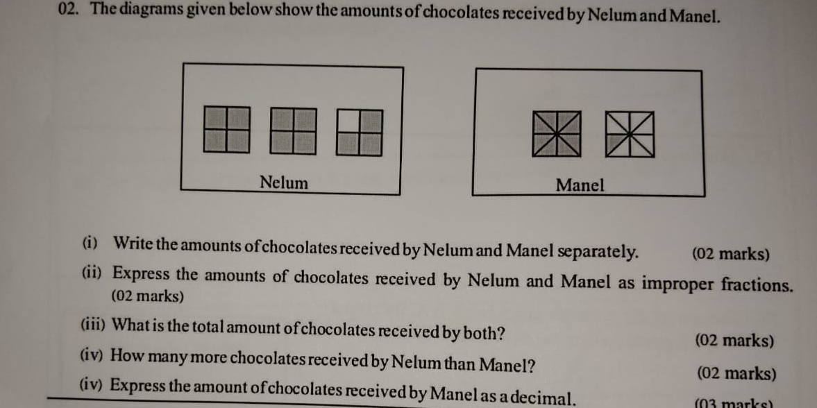 The diagrams given below show the amounts of chocolates received by Nelum and Manel. 

(i) Write the amounts of chocolates received by Nelum and Manel separately. (02 marks) 
(ii) Express the amounts of chocolates received by Nelum and Manel as improper fractions. 
(02 marks) 
(iii) What is the total amount of chocolates received by both? 
(02 marks) 
(iv) How many more chocolates received by Nelum than Manel? 
(02 marks) 
(iv) Express the amount of chocolates received by Manel as a decimal. (03 marks)