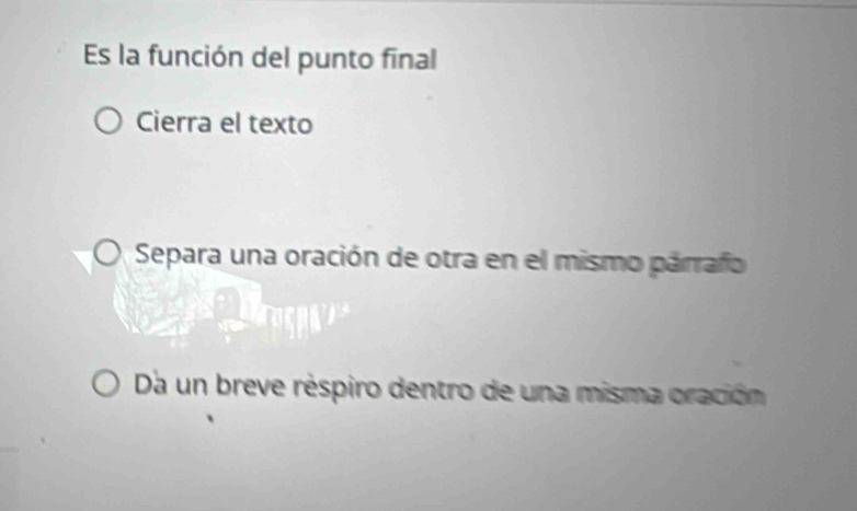 Es la función del punto final
Cierra el texto
Separa una oración de otra en el mismo párraño
Da un breve réspiro dentro de una misma oración