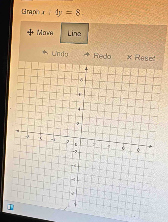 Graph x+4y=8. 
Move Line 
Undo Redo ×