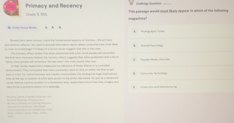 Solved: Primacy and Recency Challenge Question Grade 11 1110L This ...