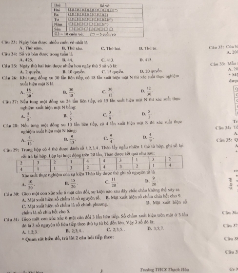 Ngày bản đư
A. Thứ năm, B. Thứ sâu. C. Thứ hai. D. Thứ tư.
Câu 32: Cửa b
Cầu 24: Số vở bán được trong tuần là
A. 201
A. 425. B. 44. C. 413.
Cầu 25: Ngày thứ hai bán được nhiều hơn ngày thứ 5 số vờ là: D. 415. Câu 33: Mẫu A. 20
A. 2 quyển. B. 10 quyển. C. 15 muyễn
Câu 26: Khi tung đồng xu 30 lần liên tiếp, có 18 lần xuất hiện mặt N thi xác suất thực nghiệm D. 20 quyển. * Mộ
xuất hiện mật S là dug
A.  18/30 . B.  30/18 . C.  30/12  D.  12/30 .
Câu 27: Nếu tung một đồng xu 24 lần tiên tiếp, có 15 lần xuất hiện một N thì xác suất thực
nghiệm xuất hiện mặt N bằng:
A.  5/8 . B.  3/5 . C.  3/8 . D.  5/3 .
Câu 28: Nếu tung một đồng xu 13 lẫn liên tiếp, có 4 lẫn xuất hiện mặt S thì xác suất thực Tr
nghiệm xuất hiện mật N bằng: Câu 34: Tổ
A
A.  4/13 . B.  9/13 . C.  9/4 . D.  4/9 . Cân 35: Q
Câu 29: Trong hộp có 4 thẻ được dánh số 1,2,3,4 . Thảo lấy ngẫu nhiên 1 thẻ từ hộp, ghi số lại
A
được kết quả như sau:
Xác suất thực nghiệm của sự kiện Thảo lấy được thẻ
10
A.  10/20 . B.  15/20 . C.  11/20 . D.  9/20 .
Câu 30: Gieo một con xúc xắc 6 mặt cần đổi, sự kiện nào sau đây chắc chấn không thể xây ra beginarrayr 3 1 2 hline 3endarray
A. Mặt xuất hiện số chấm là số nguyên tố. B. Mặt xuất hiện số chấm chia hết cho 9.
C. Mặt xuất hiện số chấm là số chính phương. D. Một xuất hiện số
chẩm là số chia hết cho 5.
Câu 31: Gieo một con xúc xắc 6 mặt cân đổi 3 lần liên tiếp. Số chẩm xuất hiện trên một ở 3 lần Câu 36:
đó là 3 số nguyên tổ liên tiếp theo thứ tự từ bé đến lớn. Vậy 3 số đó là:
A. l;2;3 . B. 2;3; 4. . C. 2;3;5. . D. 3;5;7. Câu 37
Quan sát biểu đồ, trả lời 2 câu hồi tiếp theo: Câu 38
Câu 3
Trường THCS Thạch Hòa Gv