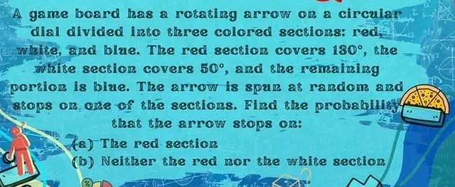 A game board has a rotating arrow on a circular 
dial divided into three colored sections: red, 
white, and blue. The red section covers 130° , the 
white section covers 50° , and the remaining 
portion is blue. The arrow is spun at random and 
stops on one of the sections. Find the probability 
that the arrow stops on: 
(a) The red section 
(b) Neither the red nor the white section