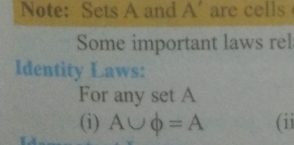 Note: Sets A and A ’ are cells 
Some important laws rel 
Identity Laws: 
For any set A
(i) A∪ phi =A (ii