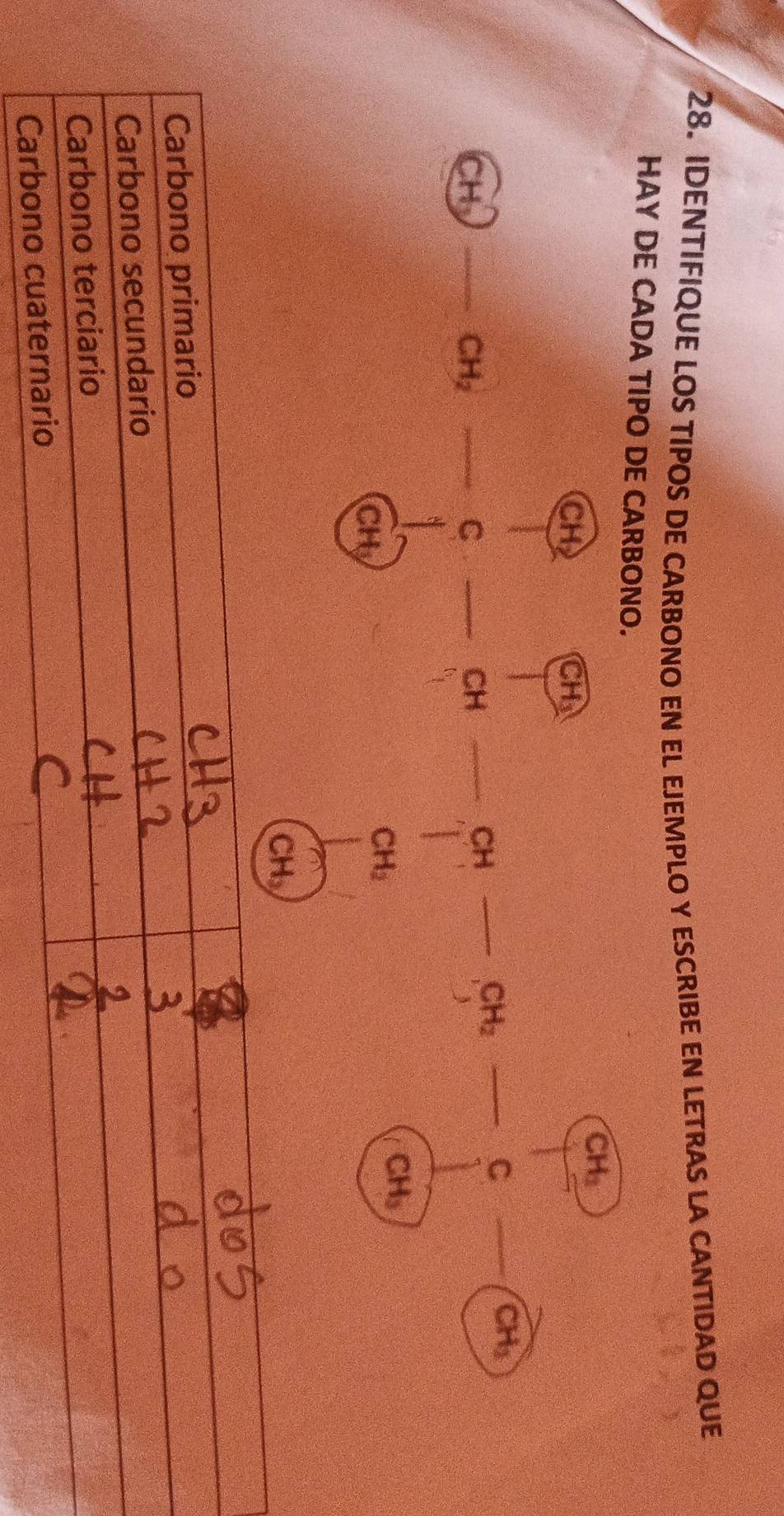 IDENTIFIQUE LOS TIPOS DE CARBONO EN EL EJEMPLO Y ESCRIBE EN LETRAS LA CANTIDAD QUE 
HAY DE CADA TIPO DE CARBONO.
CH_3
CH
CH_3
CH
CH_2
C
CH
CH
CH_2
C
CH_3
CH_y
CH_2
CH_3
CH_3