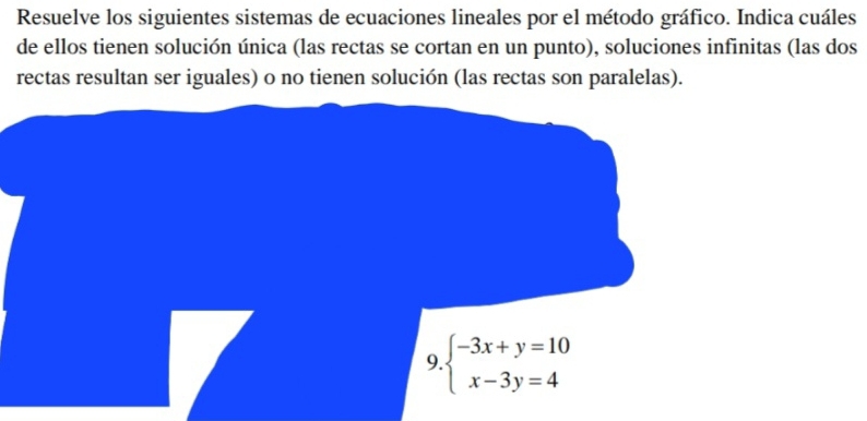 Resuelve los siguientes sistemas de ecuaciones lineales por el método gráfico. Indica cuáles 
de ellos tienen solución única (las rectas se cortan en un punto), soluciones infinitas (las dos 
rectas resultan ser iguales) o no tienen solución (las rectas son paralelas). 
9 beginarrayl -3x+y=10 x-3y=4endarray.