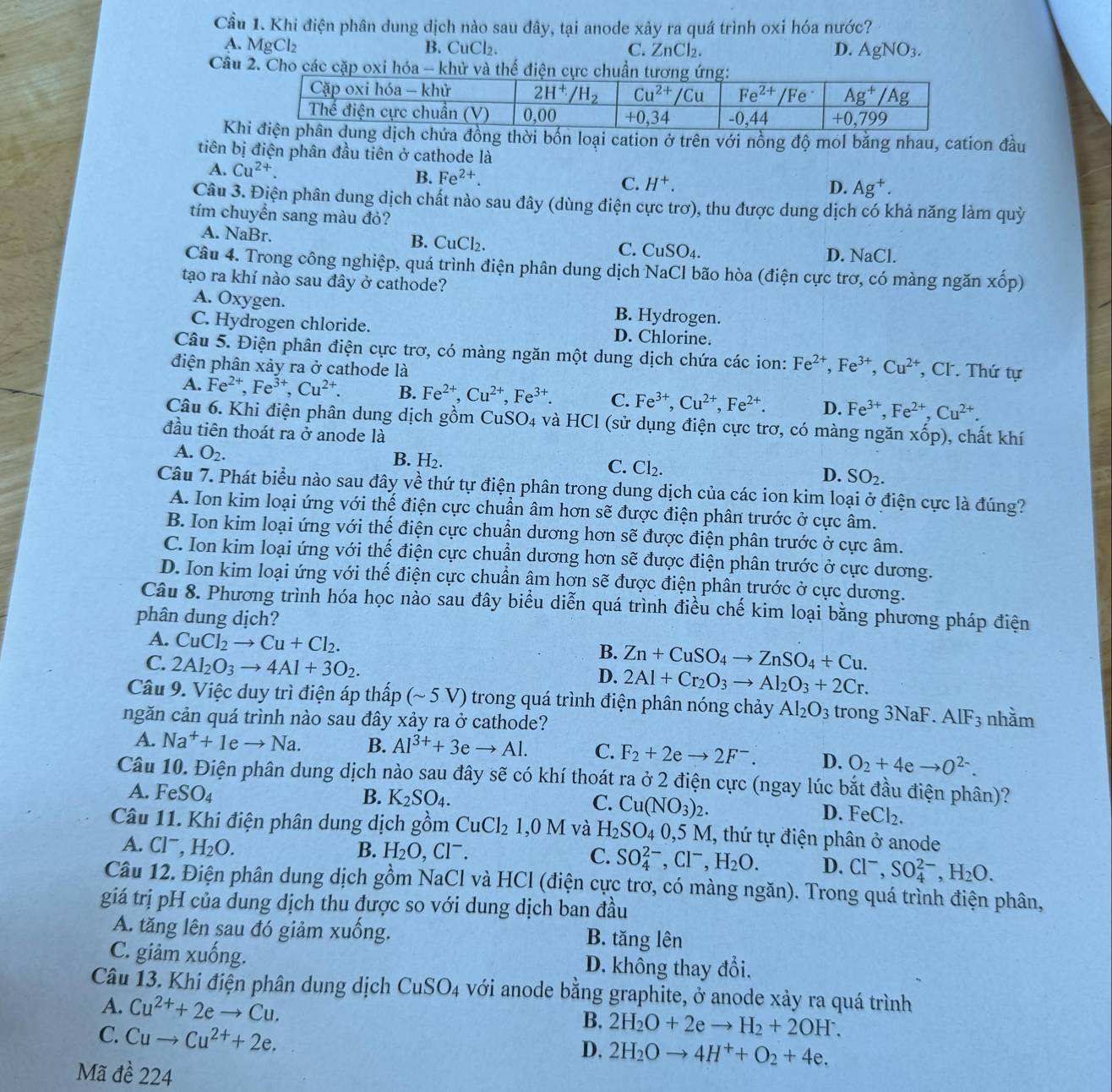 Cầu 1. Khi điện phân dung dịch nào sau đây, tại anode xảy ra quá trình oxi hóa nước?
A. MgCl₂ B. CuCl₂. C. ZnCl₂. AgNO_3.
D.
Câu 2. Cho các cặp oxi hóa - khử và thế điện cực chuẩn tươ
K chứa đồng thời bốn loại cation ở trên với nồng độ mol bằng nhau, cation đầu
tiên bị điện phân đầu tiên ở cathode là
A. Cu^(2+)
B. Fe^(2+). C. H^+. D. Ag^+.
Câu 3. Điện phân dung dịch chất nào sau đây (dùng điện cực trơ), thu được dung dịch có khả năng làm quỳ
tím chuyển sang màu đỏ?
A. NaBr. B. CuCl₂. CuSO_4.
C.
D. NaCl.
Câu 4. Trong công nghiệp, quá trình điện phân dung dịch NaCl bão hòa (điện cực trơ, có màng ngăn xhat op)
tạo ra khí nào sau đây ở cathode?
A. Oxygen. B. Hydrogen.
C. Hydrogen chloride. D. Chlorine.
Câu 5. Điện phân điện cực trơ, có màng ngăn một dung dịch chứa các ion: Fe^(2+),Fe^(3+),Cu^(2+) , Cl. Thứ tự
điện phân xảy ra ở cathode là
A. Fe^(2+),Fe^(3+),Cu^(2+). B. Fe^(2+),Cu^(2+),Fe^(3+). C. Fe^(3+),Cu^(2+),Fe^(2+). D. Fe^(3+),Fe^(2+),Cu^(2+).
Câu 6. Khi điện phân dung dịch gồm CuSO_4 và HCl (sử dụng điện cực trơ, có màng ngăn x hat Op) , chất khí
đầu tiên thoát ra ở anode là
A. O_2.
B. H_2.
C. Cl_2.
D. SO_2.
Câu 7. Phát biểu nào sau đây về thứ tự điện phân trong dung dịch của các ion kim loại ở điện cực là đúng?
A. Ion kim loại ứng với thế điện cực chuẩn âm hơn sẽ được điện phân trước ở cực âm.
B. Ion kim loại ứng với thế điện cực chuẩn dương hơn sẽ được điện phân trước ở cực âm.
C. Ion kim loại ứng với thế điện cực chuẩn dương hơn sẽ được điện phân trước ở cực dương.
D. Ion kim loại ứng với thế điện cực chuẩn âm hơn sẽ được điện phân trước ở cực dương.
Câu 8. Phương trình hóa học nào sau đây biểu diễn quá trình điều chế kim loại bằng phương pháp điện
phân dung dịch?
A. CuCl_2to Cu+Cl_2.
C. 2Al_2O_3to 4Al+3O_2.
B. Zn+CuSO_4to ZnSO_4+Cu.
D. 2Al+Cr_2O_3to Al_2O_3+2Cr.
Câu 9. Việc duy trì điện áp thấp (sim 5V) trong quá trình điện phân nóng chảy Al_2O_3 trong 3NaF. AIF_3 nhằm
ngăn cản quá trình nào sau đây xảy ra ở cathode?
A. Na^++1eto Na. B. Al^(3+)+3eto Al. C. F_2+2eto 2F^-. D. O_2+4eto O^(2-).
Câu 10. Điện phân dung dịch nào sau đây sẽ có khí thoát ra ở 2 điện cực (ngay lúc bắt đầu điện phân)?
A. FeSO_4
B. K_2SO_4. C. Cu(NO_3)_2.
D. FeCl_2.
Câu 11. Khi điện phân dung dịch gồm CuCl_21,0M và H_2SO_40,5M 1, thứ tự điện phân ở anode
A. Cl^-,H_2O. B. H_2O,Cl^-. C. SO_4^((2-),Cl^-),H_2O. D. Cl^-,SO_4^((2-),H_2)O.
Câu 12. Điện phân dung dịch gồm NaCl và HCl (điện cực trơ, có màng ngăn). Trong quá trình điện phân,
giá trị pH của dung dịch thu được so với dung dịch ban đầu
A. tăng lên sau đó giảm xuống. B. tăng lên
C. giảm xuống. D. không thay đổi.
Câu 13. Khí điện phân dung dịch CuSO_4 với anode bằng graphite, ở anode xảy ra quá trình
A. Cu^(2+)+2eto Cu.
C. Cuto Cu^(2+)+2e.
B. 2H_2O+2eto H_2+2OH^-.
D. 2H_2Oto 4H^++O_2+4e.
Mã đề 224