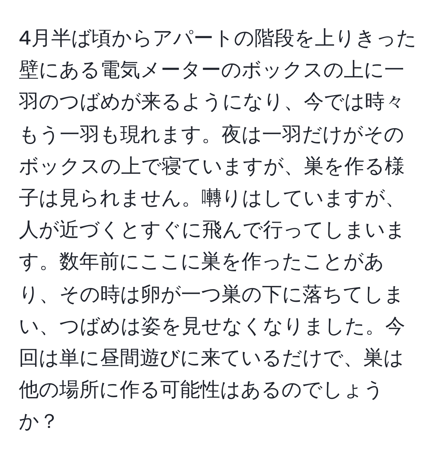 4月半ば頃からアパートの階段を上りきった壁にある電気メーターのボックスの上に一羽のつばめが来るようになり、今では時々もう一羽も現れます。夜は一羽だけがそのボックスの上で寝ていますが、巣を作る様子は見られません。囀りはしていますが、人が近づくとすぐに飛んで行ってしまいます。数年前にここに巣を作ったことがあり、その時は卵が一つ巣の下に落ちてしまい、つばめは姿を見せなくなりました。今回は単に昼間遊びに来ているだけで、巣は他の場所に作る可能性はあるのでしょうか？