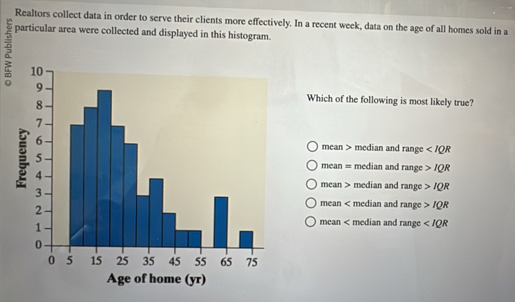 Realtors collect data in order to serve their clients more effectively. In a recent week, data on the age of all homes sold in a
particular area were collected and displayed in this histogram.
Which of the following is most likely true?
mean > median and rane
mean = median and rang IQR
mean > median and range>IQR
mean < median and  range>IQR
mean < median and  range