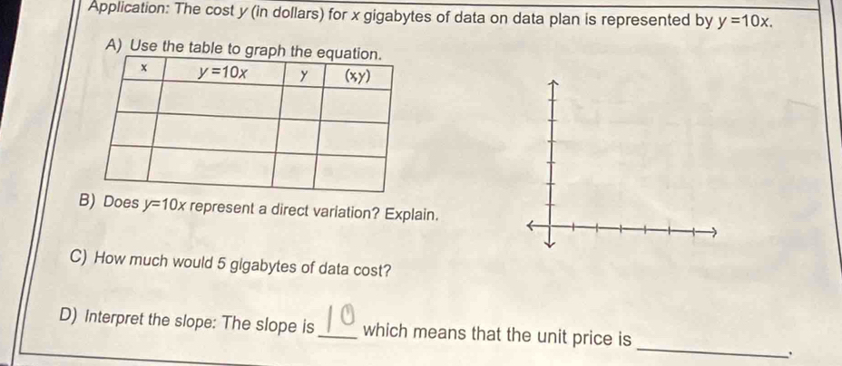 Application: The cost y (in dollars) for x gigabytes of data on data plan is represented by y=10x.
A) Use the table to gra
B) Does y=10x represent a direct variation? Explain.
C) How much would 5 gigabytes of data cost?
_
D) Interpret the slope: The slope is _which means that the unit price is