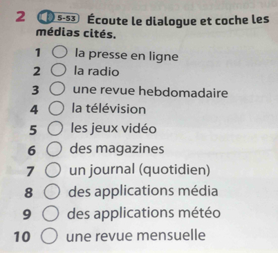 2 5-53 Écoute le dialogue et coche les 
médias cités. 
1 la presse en ligne 
2 la radio 
3 une revue hebdomadaire 
4 la télévision 
5 les jeux vidéo 
6 des magazines 
7 un journal (quotidien) 
8 des applications média 
9 des applications météo 
10 une revue mensuelle