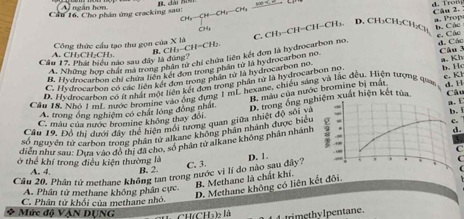 A ngắn hơn.
B. dài hơn
Cầu 16. Cho phản ứng cracking sau: beginarrayr CH_3-CH-CH_2-CH_3frac 500* c.π CH_3C_3 CH_3endarray
d. Trong
Câu 2. 1
C. CH_3-CH=CH-CH_3. D. CH_3CH_2CH_2CH_1 a. rop
b. Các
Công thức cấu tạo thu gọn của X là
C 3 CH2 CH 1. B. CH_3-CH=CH_2.
A. Những hợp chất mà trong phân tử chi chứa liên kết đơn là hydrocarbon no c. Các d. Các
Câu 17. Phát biểu nào sau đây là đúng?
B. Hydrocarbon chỉ chứa liên kết đơn trong phân tử là hydrocarbon no
C. Hydrocarbon có các liện kết đơn trong phân tử là hydrocarbon no. Câu 3
D. Hydrocarbon có ít nhất một liên kết đơn trong phân tử là hydrocarbon nọ. a. Kh b. Hc
Câu 18. Nhỏ L mL nước bromine vào ống dựng 1 mL hexane, chiếu sáng và lắc đều. Hiện tượng quan c. Kh
B. màu của nước bromine bị mất.
Câu
A. trong ổng nghiệm có chất lỏng đồng nhất. D. trong ống ngệm xuất hiện kết tủa. d. H
E
C. màu của nước bromine không thay đổi
c.
Câu 19. Đồ thi dưới đây thể hiện mối tương quan giữa nhiệt độ sối và
số nguyên tử carbon trong phân tử alkane không phân nhánh được biểu  I
.
diễn như sau: Dựa vào đồ thị đã cho, số phân tử alkane không phân nhánh
3.
C
ở thể khí trong điều kiện thường là
A. 4. B. 2. C. 3. D. 1.
(
Câu 20. Phân tử methane không tan trong nước vì lí do nào sau đây?C
B. Methane là chất khí.
A. Phân tử methane không phân cực.
D. Methane không có liên kết đôi.
C. Phân tử khối của methane nhỏ.
Mức độ VậN DỤNG
CH(CH₃)₂ là    tri e h   pen tane .