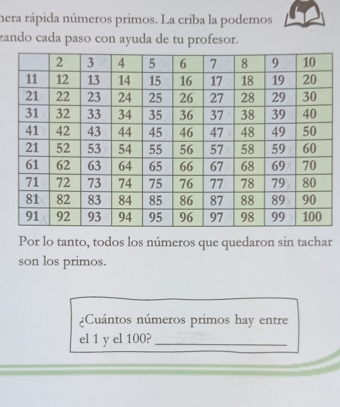 nera rápida números primos. La criba la podemos 
zando cada paso con ayuda de tu profesor. 
Por lo tanto, todos los números que quedaron sin tachar 
son los primos. 
¿Cuántos números primos hay entre 
el 1 y el 100?_