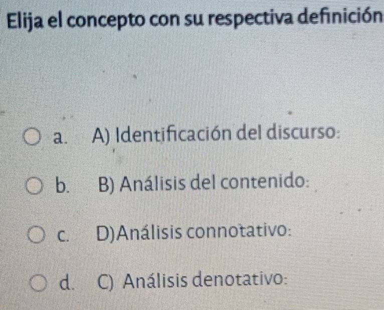 Elija el concepto con su respectiva definición
a. A) Identificación del discurso:
b. B) Análisis del contenido:
C. D)Análisis connotativo:
d. C) Análisis denotativo: