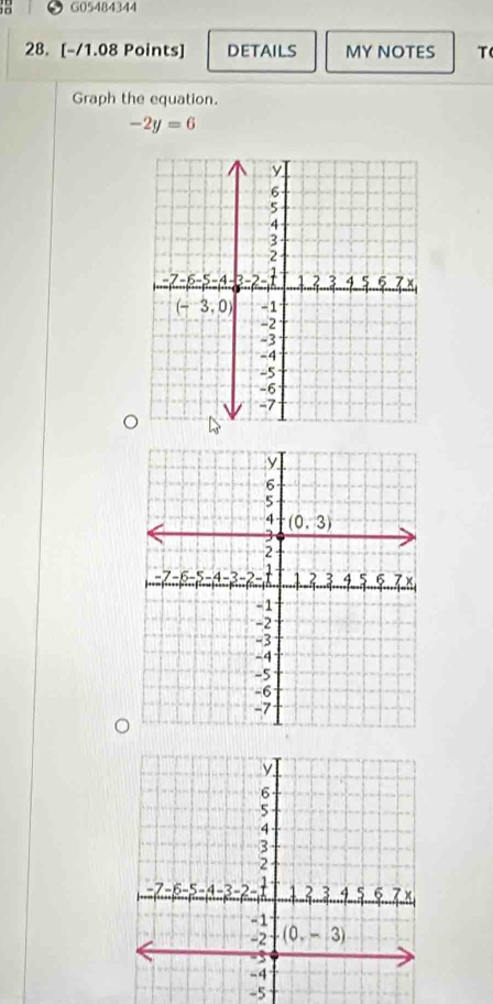 a G05484344
28. [-/1.08 Points] DETAILS MY NOTES T(
Graph the equation.
-2y=6
-5