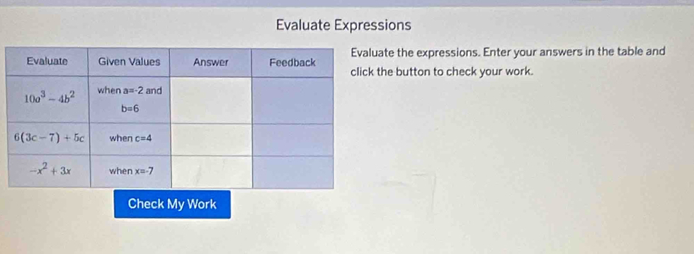 Evaluate Expressions
te the expressions. Enter your answers in the table and
he button to check your work.
Check My Work