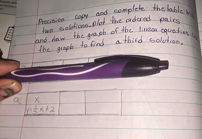 Precision copy and complete the table will 
two solationso plot the ordered pairs 
and daw the graph of the linear equation s 
the graph to find a third solution. 
9. X
y= 1/3 x+2