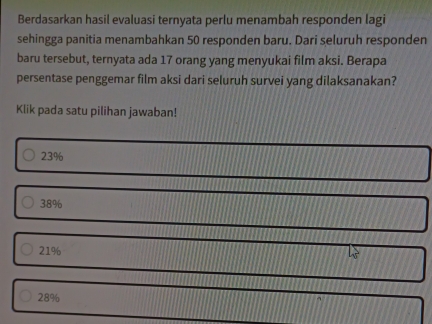 Berdasarkan hasil evaluasi ternyata perlu menambah responden lagi
sehingga panitia menambahkan 50 responden baru. Dari seluruh responden
baru tersebut, ternyata ada 17 orang yang menyukai film aksi. Berapa
persentase penggemar film aksi dari seluruh survei yang dilaksanakan?
Klik pada satu pilihan jawaban!
23%
38%
21%
28%