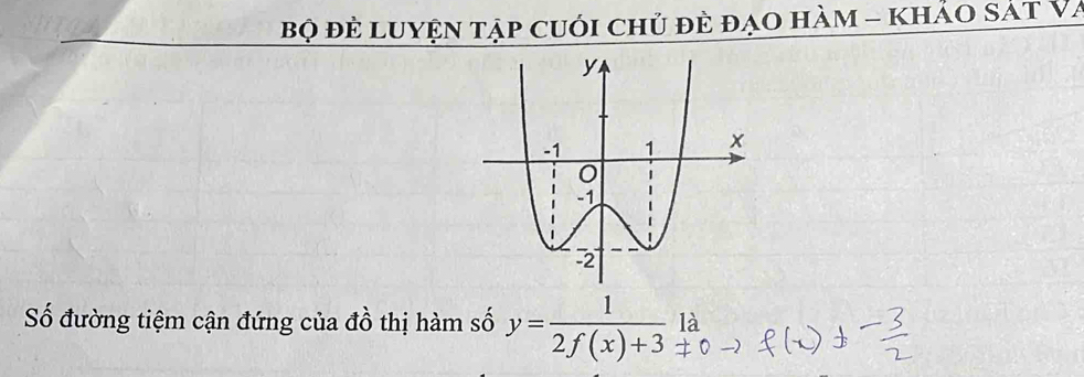 Bộ đẻ LuYện tập cuới chủ đè đạo hàM - khảO sáT Và 
Số đường tiệm cận đứng của đồ thị hàm số y= 1/2f(x)+3 _!=  1 à