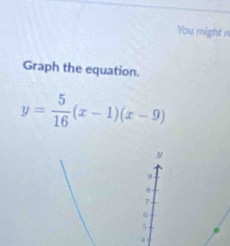 You might n 
Graph the equation.
y= 5/16 (x-1)(x-9)
4