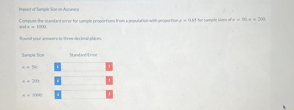 Impact of Sample Size on Accuracy 
Compute the standard error for sample proportions from a population with proportion p=0.65 for sample sizes of n=50, n=200, 
and n=1000. 
Round your answers to three decimal places. 
Sample Size Standard Error
n=50 i 
!
n=200 : i 
!
n=1000 : i 
!